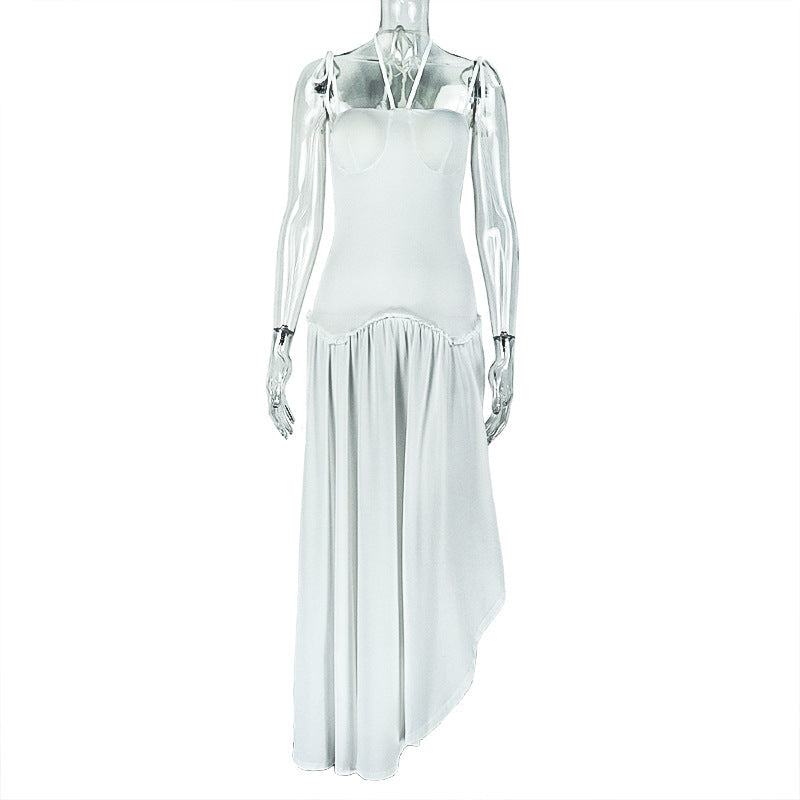 Solid Color Slim Fit Women Pleated Backless A line Dress Lace up Halterneck Large Swing Length Dress Tide