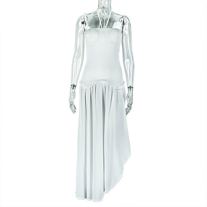 Solid Color Slim Fit Women Pleated Backless A line Dress Lace up Halterneck Large Swing Length Dress Tide