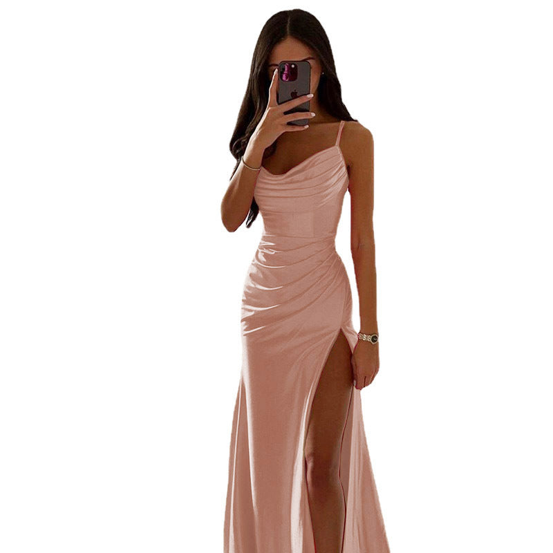Women Spring Tube Top Pleated Slit Satin Dress Sexy Slim Hip Dress