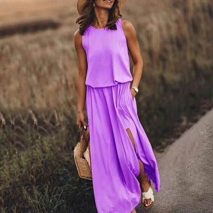 Summer Holiday Solid Color round Neck Sleeveless Suspender Lantern Fork Dress Maxi Dress