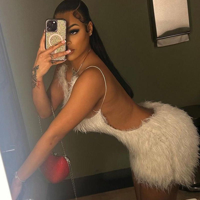 Women Clothing Sexy Hollow Out Cutout Out Backless Zipper Solid Color Furry Sling Sheath Dress Dress