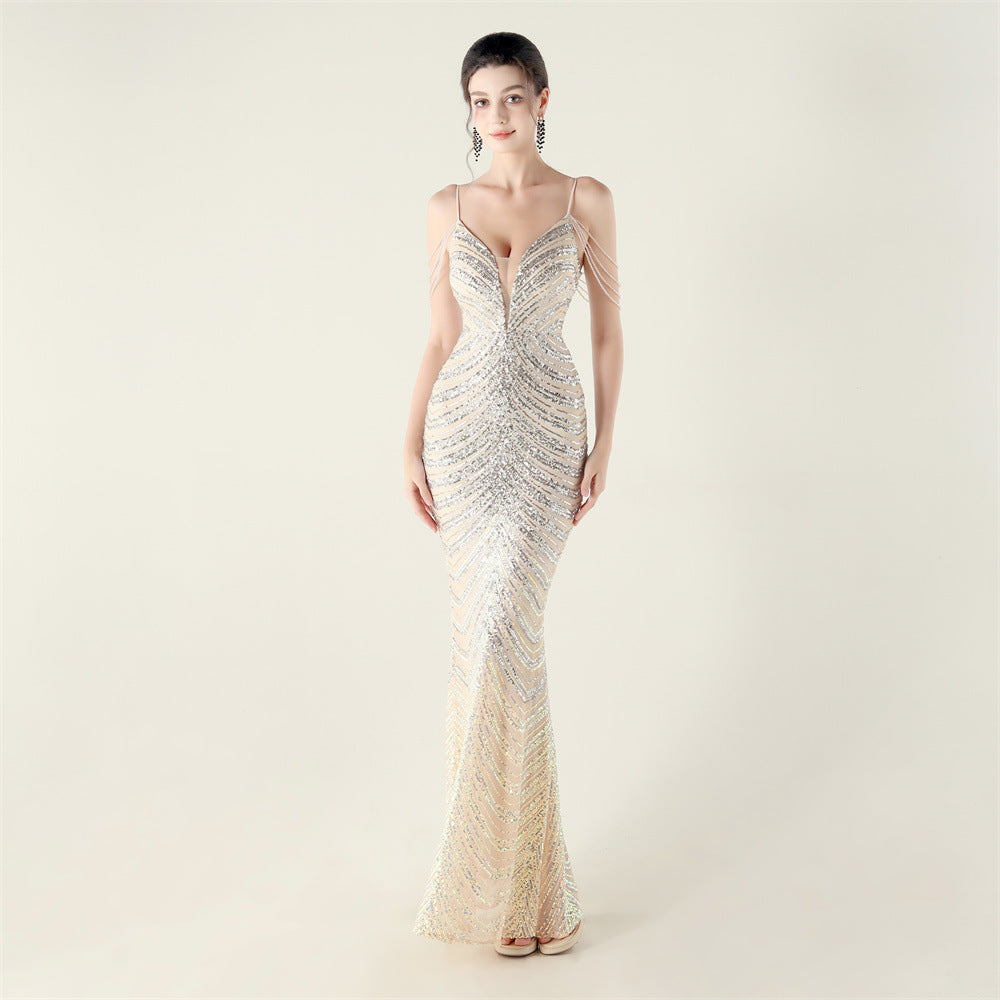 Deep V Plunge neck Wave Gradient Sequin Evening Dress Positioning Floral Cutting Craft Beaded Cocktail Battle Gown