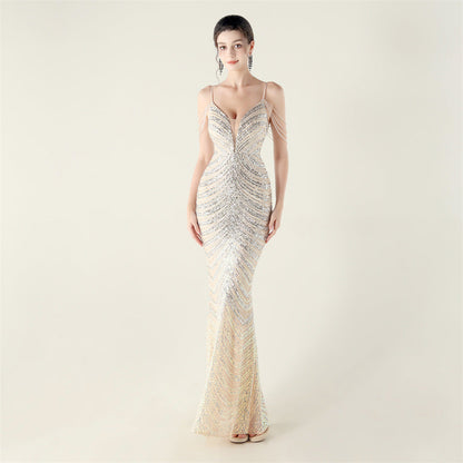Deep V Plunge neck Wave Gradient Sequin Evening Dress Positioning Floral Cutting Craft Beaded Cocktail Battle Gown