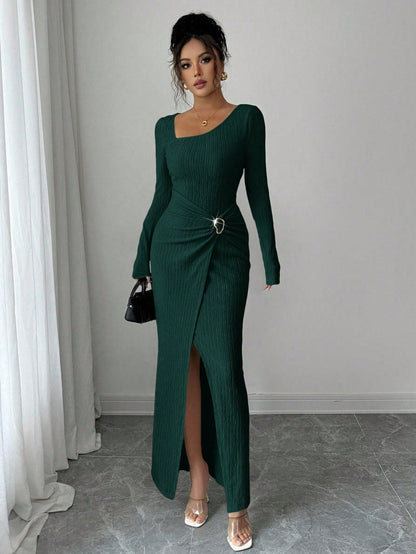 Autumn Winter Irregular Asymmetric Neckline Solid Color Knitted Texture Maxi Dress Women