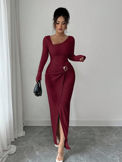 Autumn Winter Irregular Asymmetric Neckline Solid Color Knitted Texture Maxi Dress Women