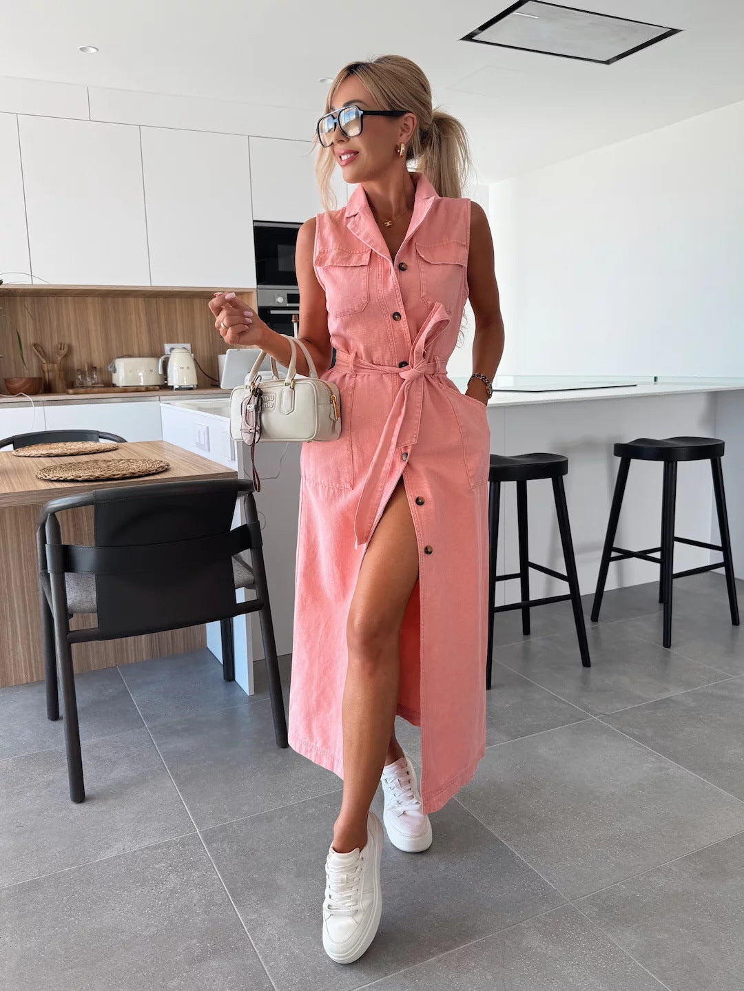 Women Sleeveless Long Tie Waist Single Breasted Denim Dress