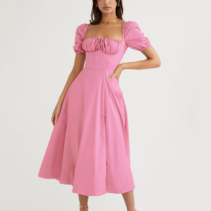 Summer Women Bubble Sleeve Solid Color Tied High Slit Maxi Dress Summer