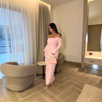 Spring Summer Middle East Elegant Sexy Sheath Three Dimensional Floral off Shoulder Long Sleeve Dress