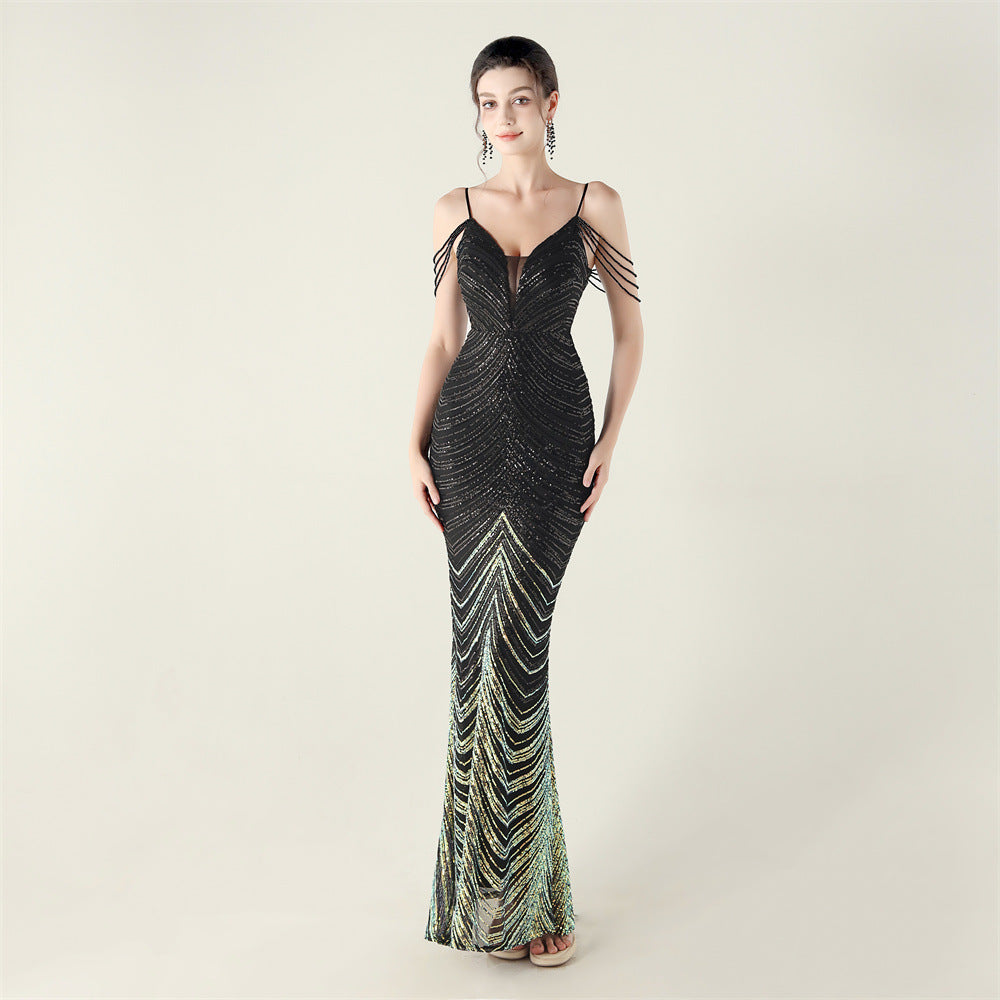 Deep V Plunge neck Wave Gradient Sequin Evening Dress Positioning Floral Cutting Craft Beaded Cocktail Battle Gown