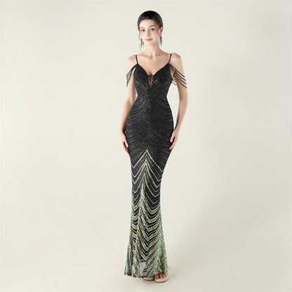 Deep V Plunge neck Wave Gradient Sequin Evening Dress Positioning Floral Cutting Craft Beaded Cocktail Battle Gown