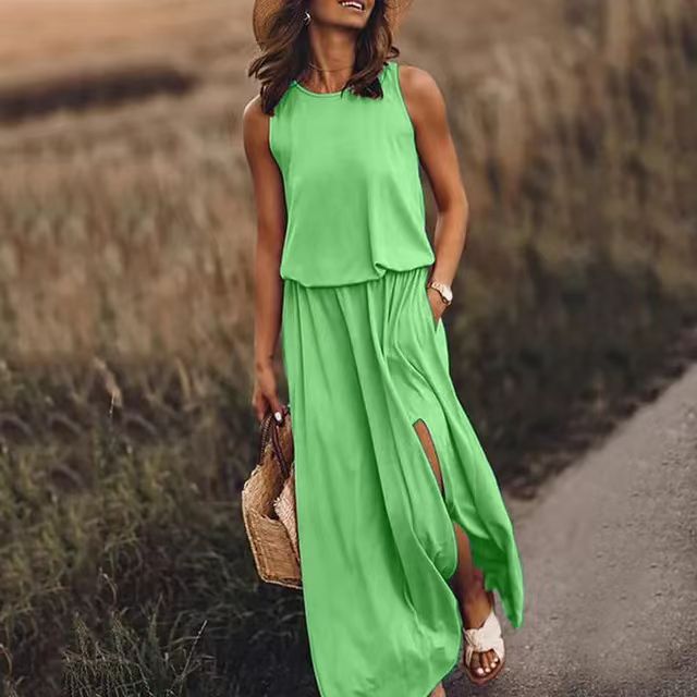 Summer Holiday Solid Color round Neck Sleeveless Suspender Lantern Fork Dress Maxi Dress