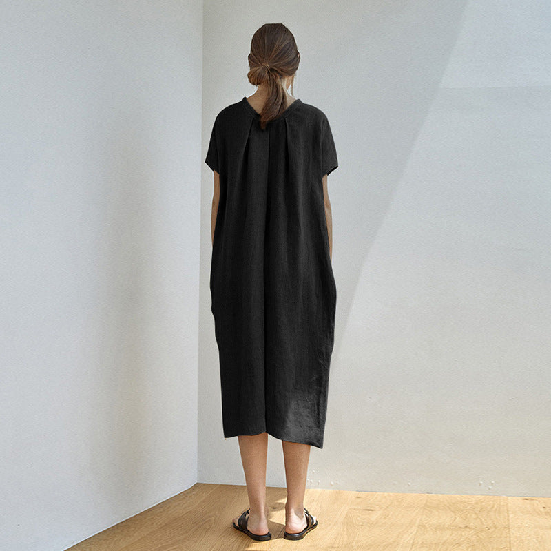Summer Pure Linen Dress Loose Lazy Waist Lace up Midi Dress