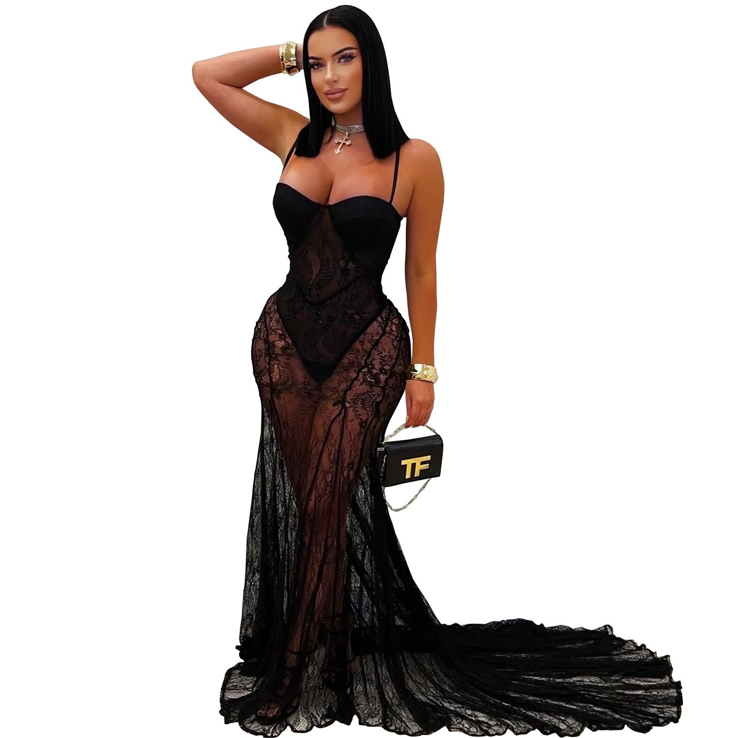 Women Wear Sexy Sling Lace See through Formal Dress