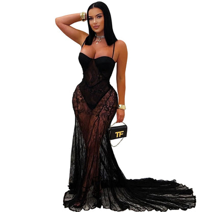 Women Wear Sexy Sling Lace See through Formal Dress