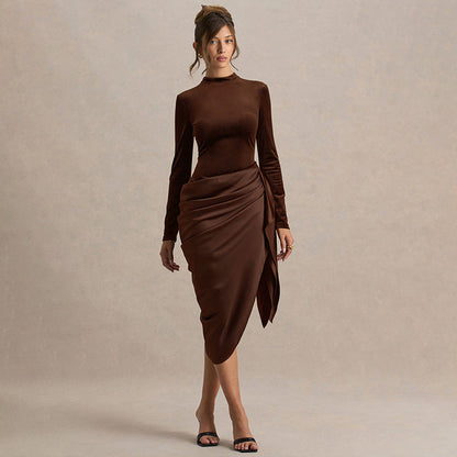 Women Clothing Autumn Winter Elegant Solid Color Waist Tight Irregular Asymmetric Oblique Swing Mid Length Dress