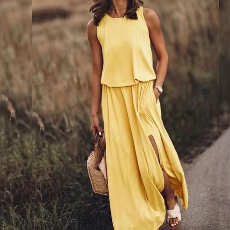Summer Holiday Solid Color round Neck Sleeveless Suspender Lantern Fork Dress Maxi Dress