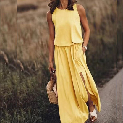Summer Holiday Solid Color round Neck Sleeveless Suspender Lantern Fork Dress Maxi Dress