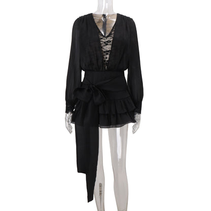 Autumn French Pure Lace Splicing Sexy V neck Long Sleeve Dress