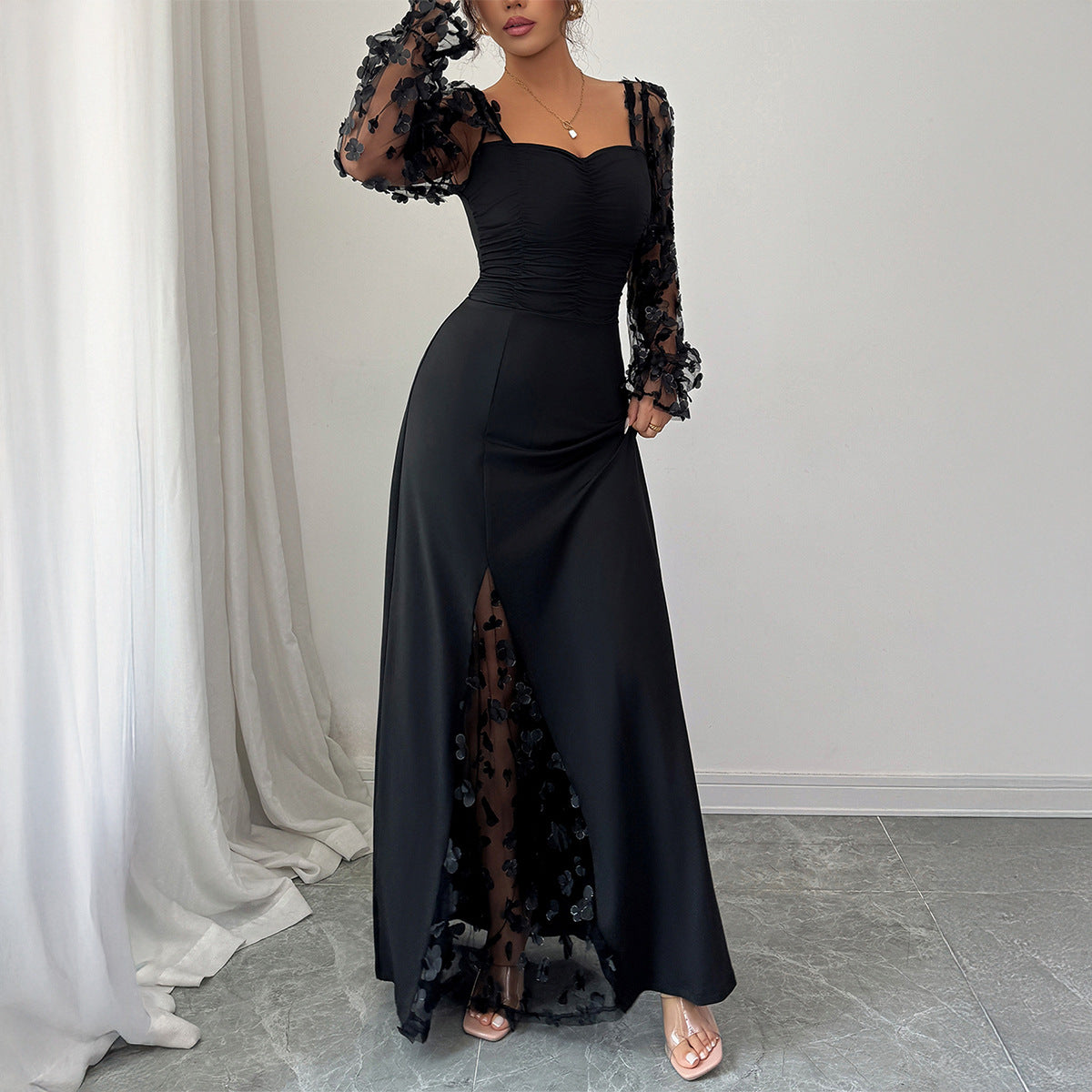 Elegant Dignified Hollow Out Cutout Long Sleeve Long Dress Women Clothing Autumn Winter