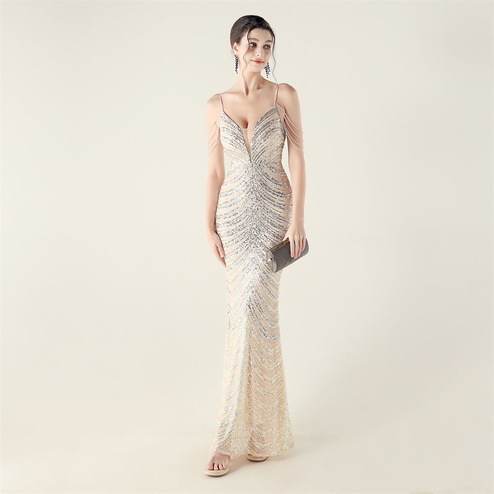Deep V Plunge neck Wave Gradient Sequin Evening Dress Positioning Floral Cutting Craft Beaded Cocktail Battle Gown