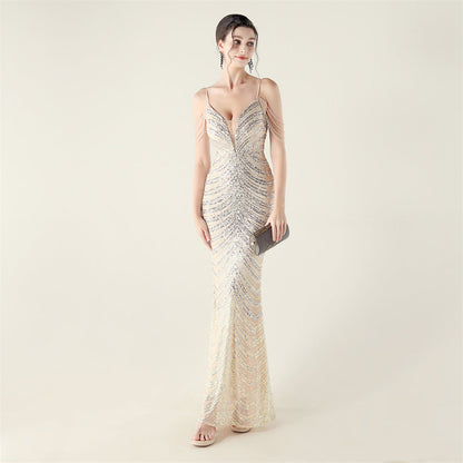 Deep V Plunge neck Wave Gradient Sequin Evening Dress Positioning Floral Cutting Craft Beaded Cocktail Battle Gown