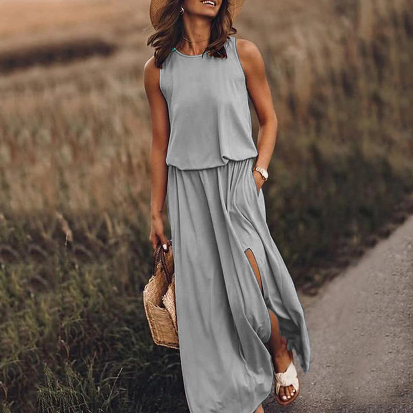 Summer Holiday Solid Color round Neck Sleeveless Suspender Lantern Fork Dress Maxi Dress