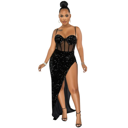 Suspenders Sequin Mesh See through Irregular Asymmetric Slit Dress Women