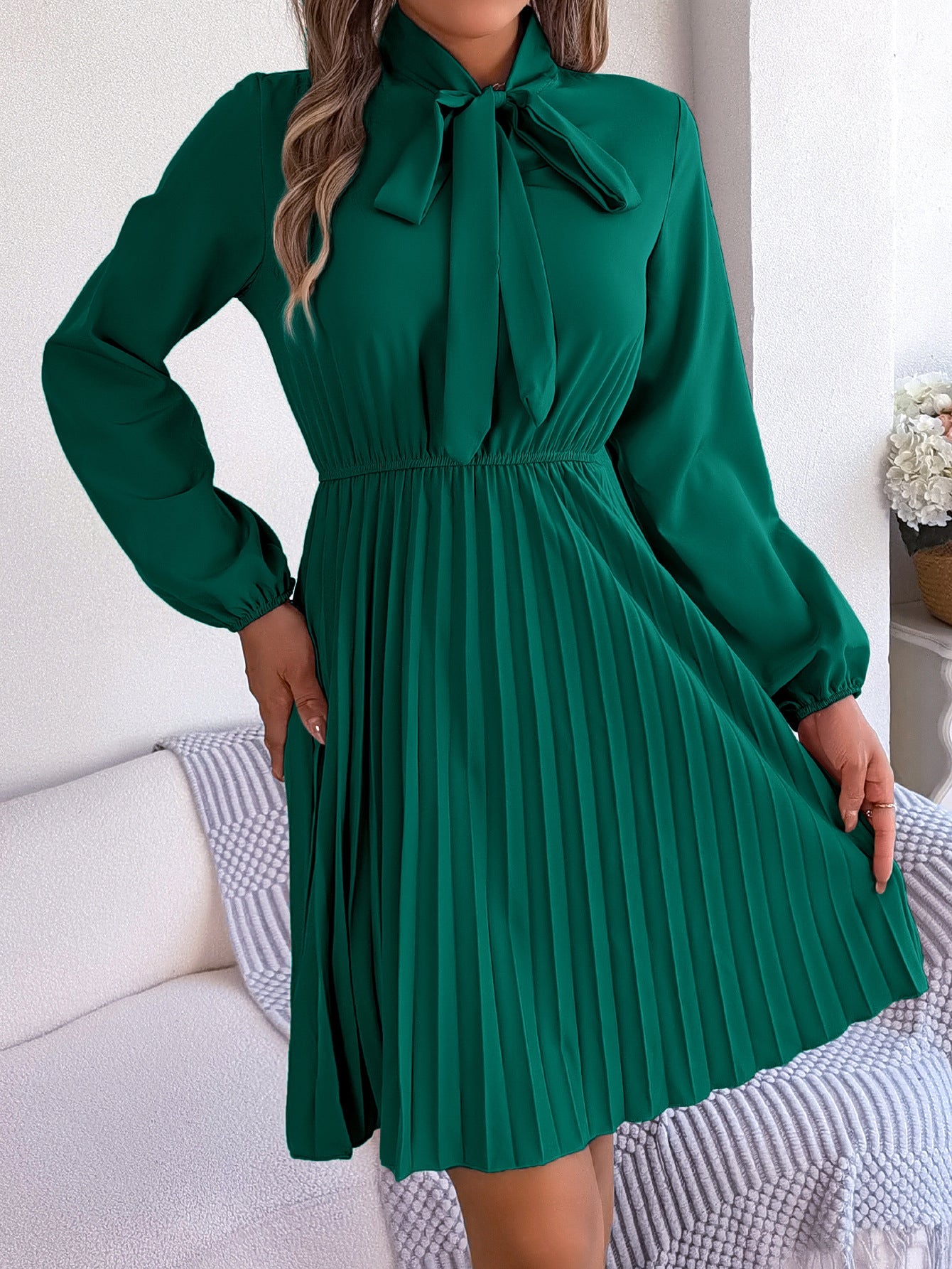 Autumn Winter Elegant Tied Waist Controlled Long Sleeves Pleated Dress Women Clothing