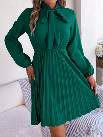 Autumn Winter Elegant Tied Waist Controlled Long Sleeves Pleated Dress Women Clothing