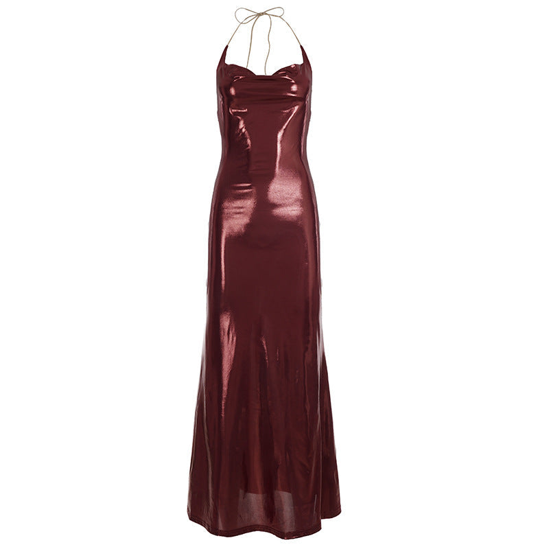 Sexy Elegant Retro Halter Sheath Dress Thin Flash Pleated Backless Solid Color Swing Collar Dress