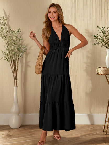 Women Clothing Sexy V neck Halter Lace up Sleeveless Dress Solid Color Dress
