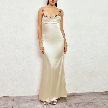 Long Sling Dress Sexy Summer Backless Lace up Silk Patchwork Edge Dress