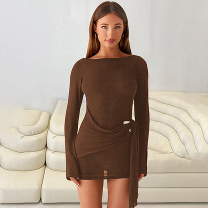 Women Clothing Autumn Solid Color Elegant Sexy Backless Long Sleeve Ribbon Dress Women