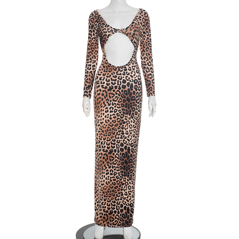 Women Clothing Fall Sexy Leopard Print Hollow Out Cutout out Long Sleeve Waist Baring Slim Fit Maxi Dress