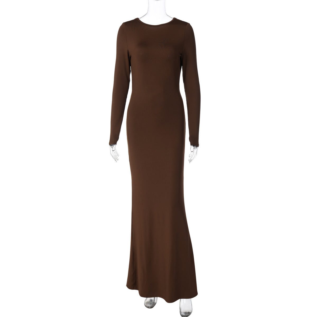 Autumn Winter Solid Color Elegant Sexy Backless Formal Dress Chain Long Sleeve Slim Dress