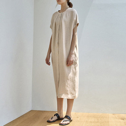 Summer Pure Linen Dress Loose Lazy Waist Lace up Midi Dress