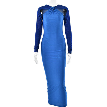 Spring Summer Sexy Tight Long Sleeved Patchwork Dress with Brick for Girls