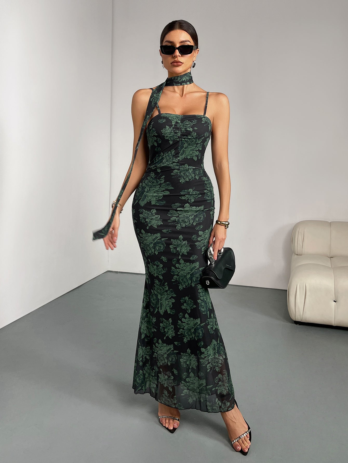 Spaghetti Strap Floral Print Fishtail Dress Women Printed Tight Wedding Bridesmaid Cocktail Party Formal Dress