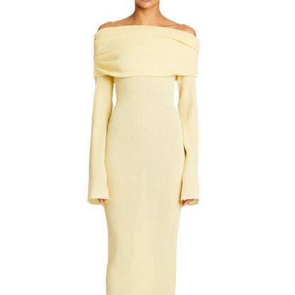 Maxi Dress Women Sexy Solid Color Long Sleeve off Shoulder Pleated Knitted Dress Women