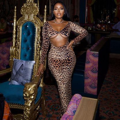 Women Clothing Fall Sexy Leopard Print Hollow Out Cutout out Long Sleeve Waist Baring Slim Fit Maxi Dress