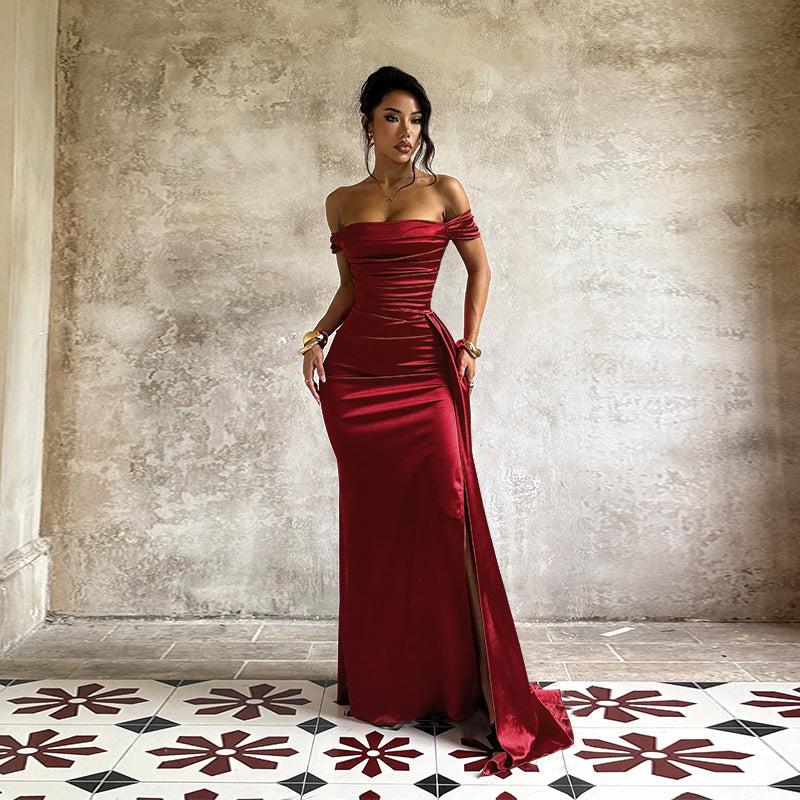 Off Shoulder Satin Dress for Women Autumn Sexy Split Dress