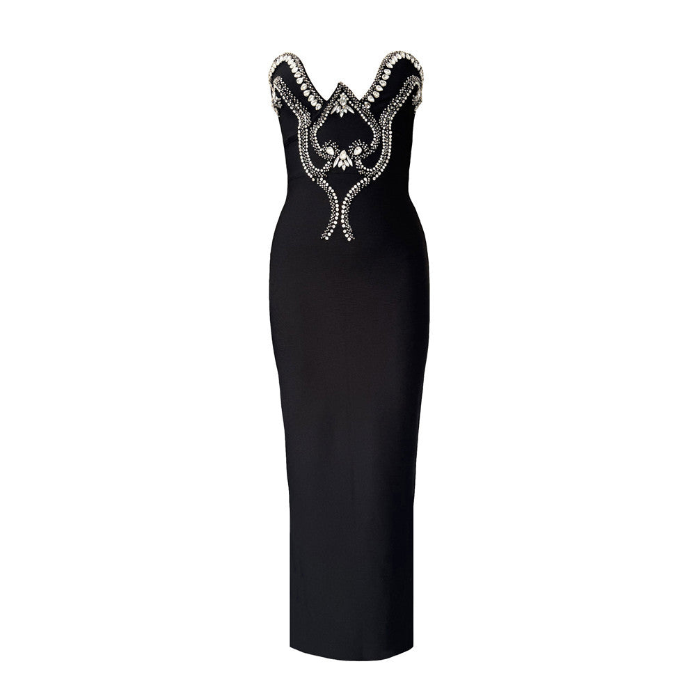 Niche Design Beads Rhinestones Tube Top Bandage One Piece Dress Party Evening Dress Slim Fit Maxi Dress