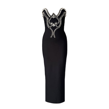 Niche Design Beads Rhinestones Tube Top Bandage One Piece Dress Party Evening Dress Slim Fit Maxi Dress