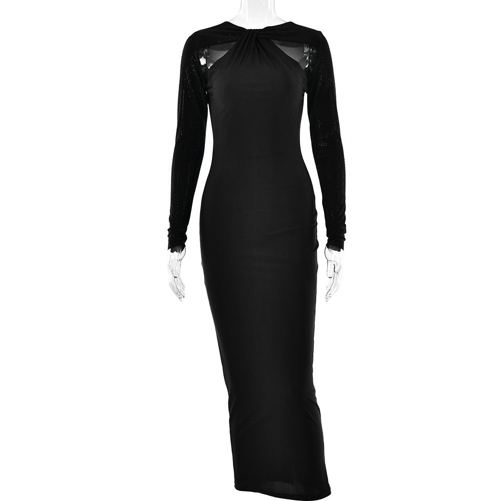 Spring Summer Sexy Tight Long Sleeved Patchwork Dress with Brick for Girls