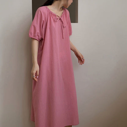 Chic Korean Short Sleeve Dress Cotton Lace Up Design Puff Sleeve Cute Home Wear Can Be Worn Outside