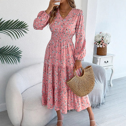Autumn Winter Elegant Floral V neck Long Sleeve Waist Trimming Ruffles A line Women Clothing