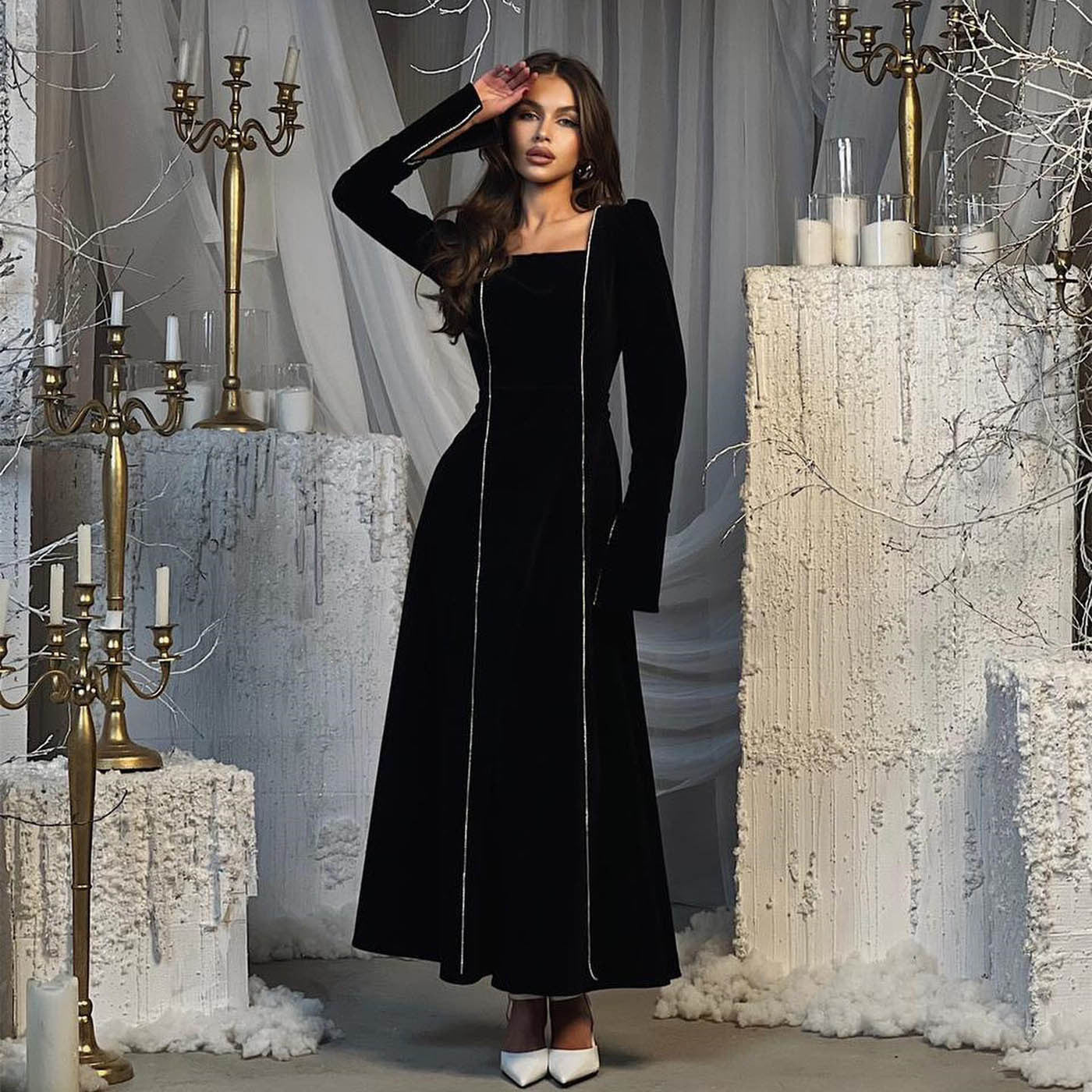 Autumn Winter Party Dress French Ladies Dress Korean Velvet Bell Sleeve Square Collar A line Dress Women