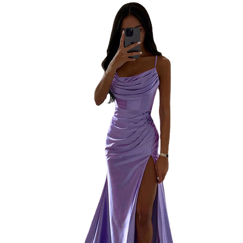 Women Spring Tube Top Pleated Slit Satin Dress Sexy Slim Hip Dress