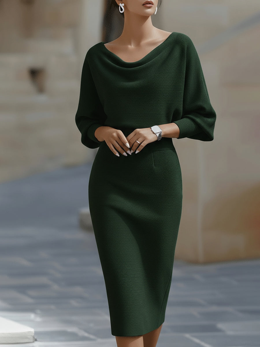 Draped Batwing Sleeve Mid Length Dress