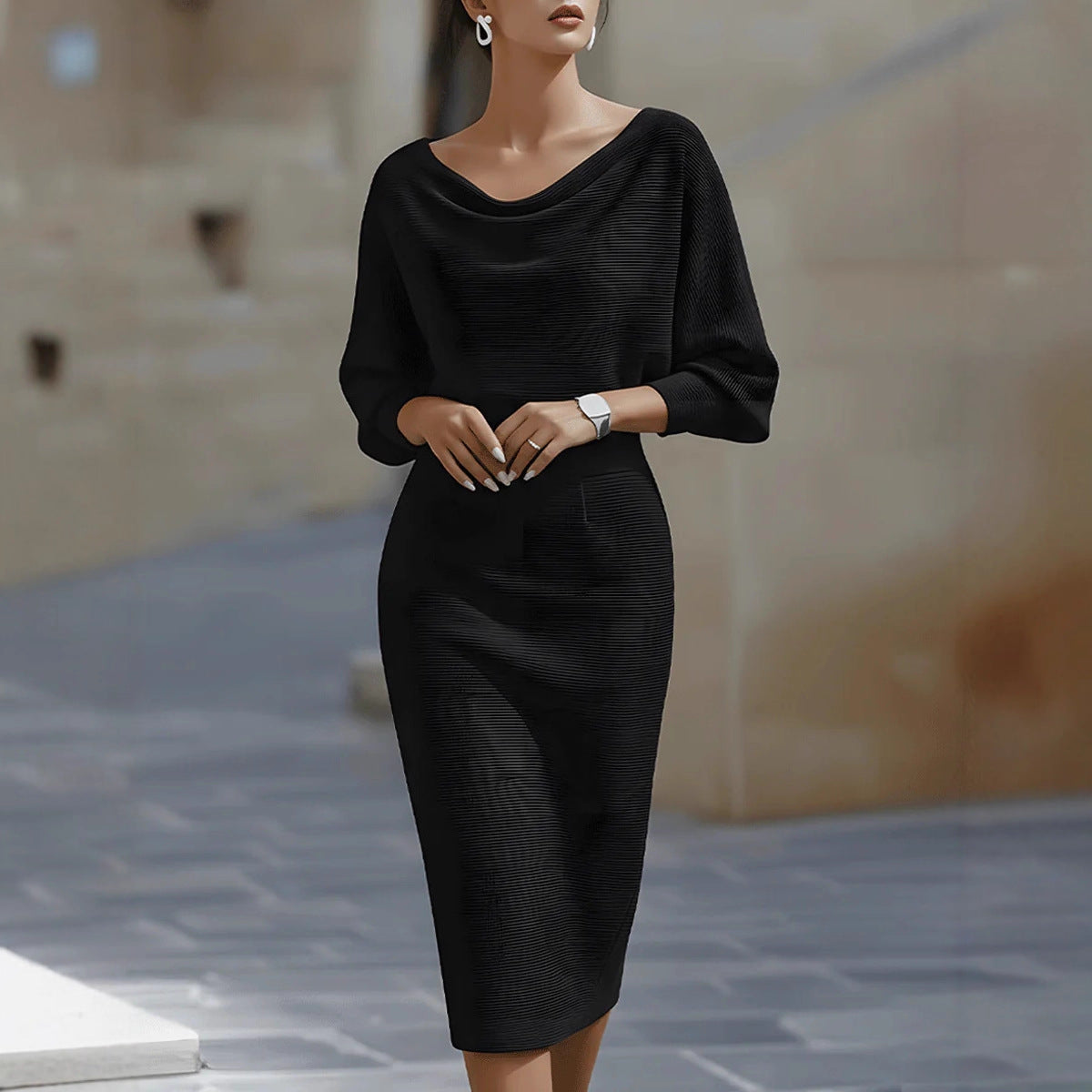 Draped Batwing Sleeve Mid Length Dress